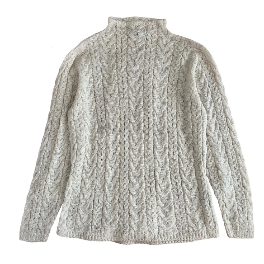 SOL 100% Baby Alpaca Lightweight Cable Knit Mock Neck Sweater Ivory Peru Made L